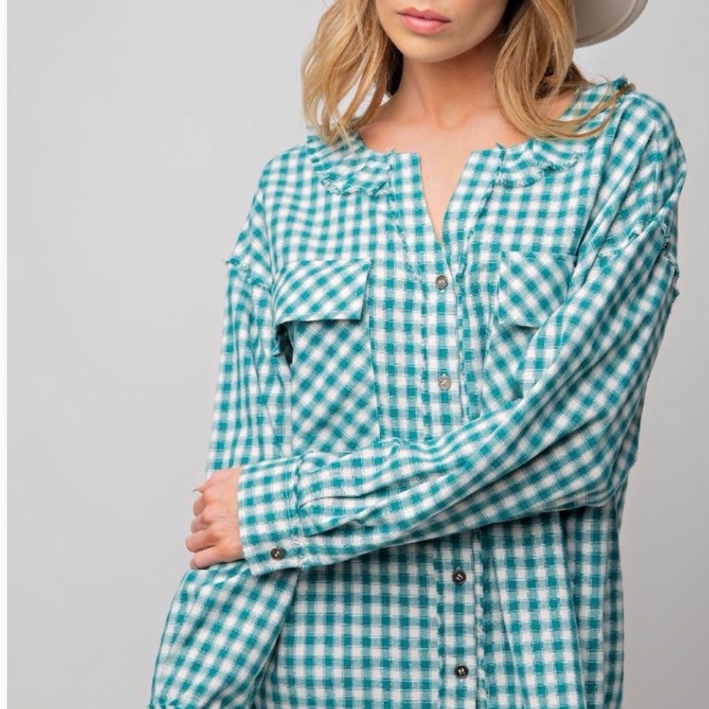 Easel Teal and White Checkered Blouse Reg and Plus size